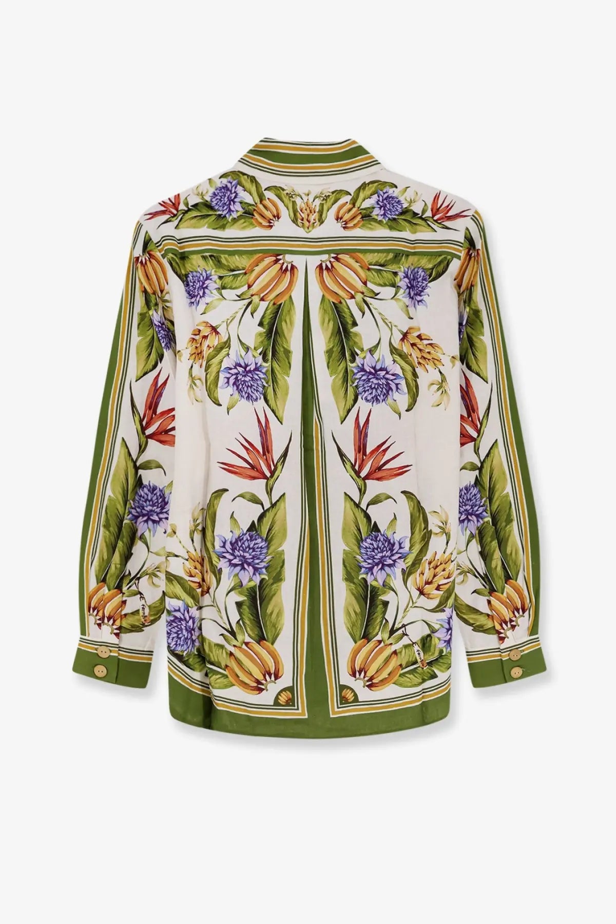Farm Rio women’s tropical linen and viscose blouse in cream silk with vibrant purple orange green floral and olive borders