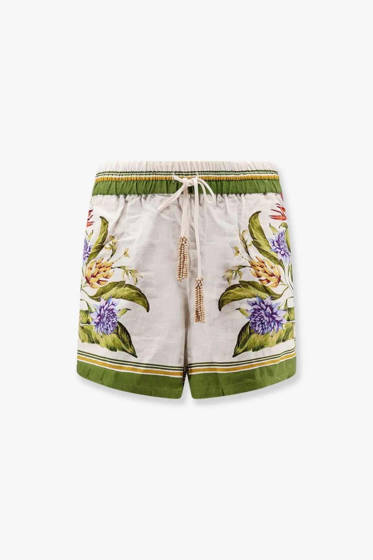 Farm rio women’s beige linen and viscose shorts with white vibrant floral pattern and olive green trim