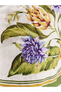 Farm rio women’s tropical scarf in white linen and viscose with vibrant purple yellow flowers and olive mustard borders