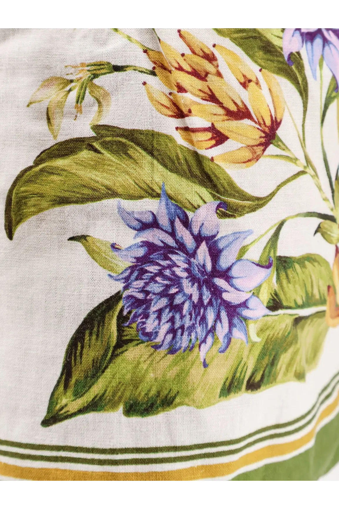 Farm rio women’s white linen and viscose scarf with vibrant purple and yellow floral print and olive mustard striped borders