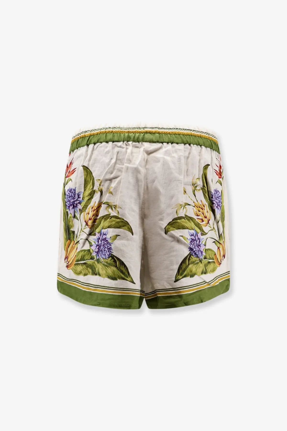 Farm Rio women’s beige tropical scarf linen and viscose shorts with white vibrant floral embroidery and olive-green trim