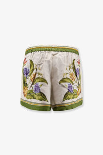 Farm Rio women’s beige tropical scarf linen and viscose shorts with white vibrant floral embroidery and olive-green trim