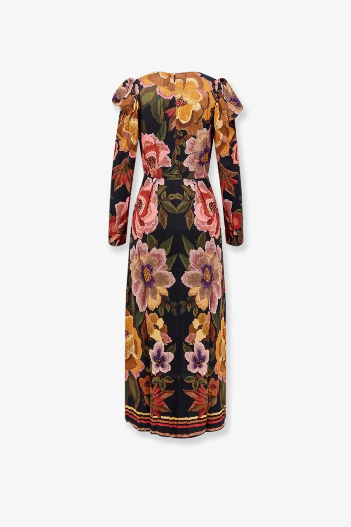 Farm Rio women’s viscose long dark navy dress with vibrant floral pattern, puffed sleeves, and decorative hem