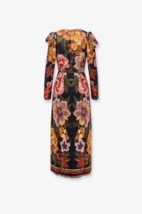 Farm Rio women’s viscose long dark navy dress with vibrant floral pattern, puffed sleeves, and decorative hem