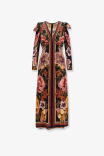Farm Rio women’s viscose long dress in black with long sleeves and a floral pattern in pink red and purple