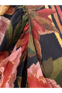 Farm rio women’s viscose long dress black with vibrant floral pattern in red pink green and orange on dark background