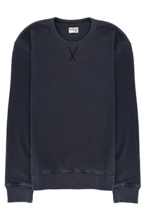 Dark navy blue crewneck sweatshirt with ribbed cuffs and hem featuring subtle black x embroidery on chest by fay