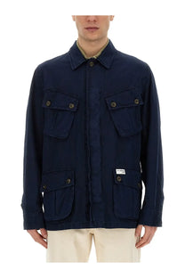 Fay men’s cotton jacket in dark navy blue with four flap pockets and brass buttons