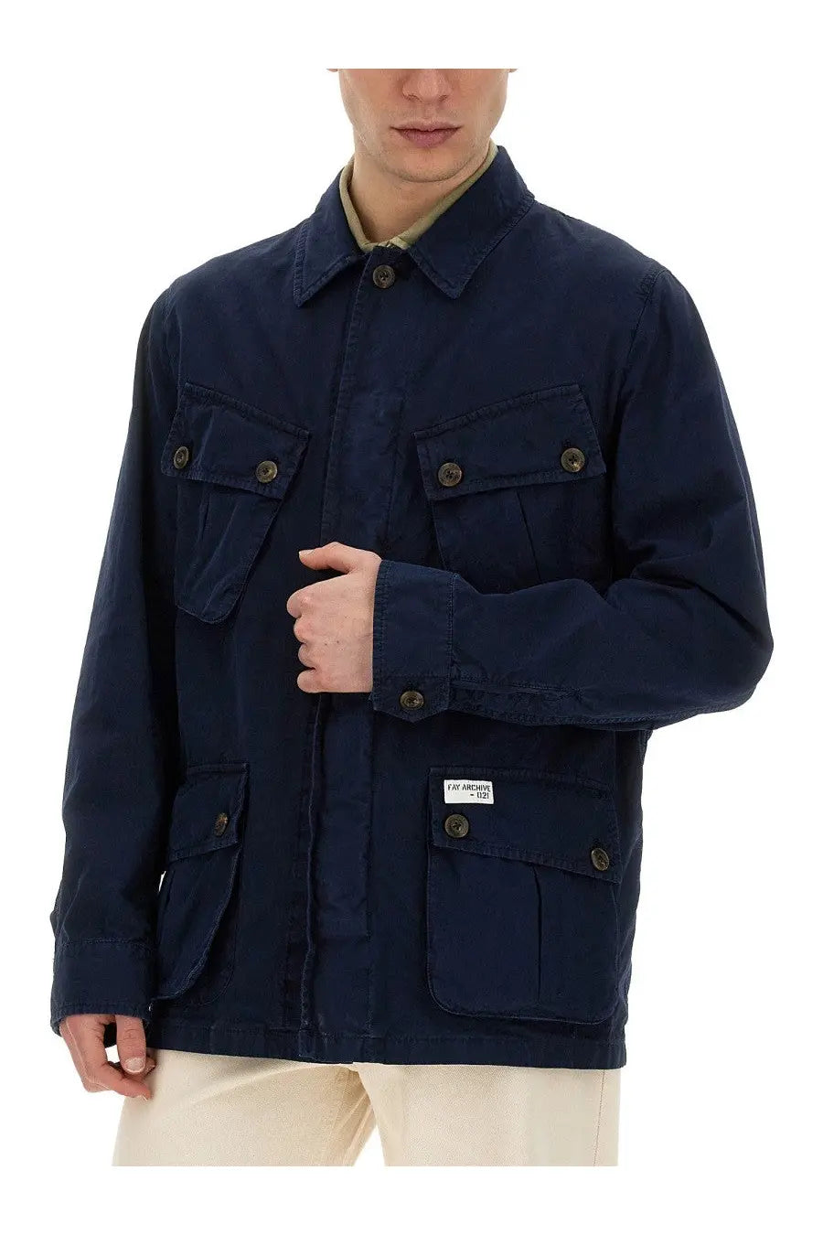 Fay men’s dark navy blue cotton jacket with buttoned flap pockets and subtle brand label on lower left pocket