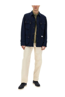Navy blue Fay men’s cotton utility jacket with buttoned flap pockets and subtle brand label on left chest