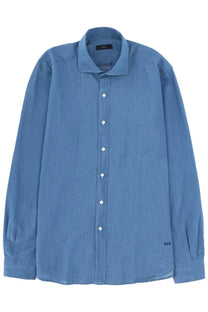 Fay men’s denim shirt blue featuring a light blue long-sleeved button-down design with textured weave and white buttons
