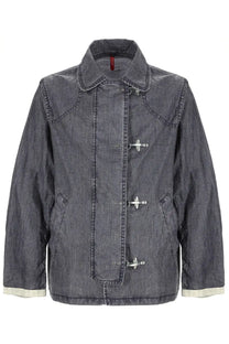 Fay men’s hooks jacket blue dark gray denim with silver toggle closures and contrasting light cuffs