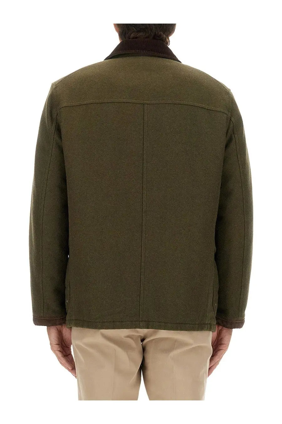 Fay men’s hooks jacket green olive green woolen jacket with contrasting dark brown collar front view