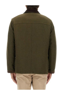 Fay men’s hooks jacket green olive green woolen jacket with contrasting dark brown collar front view