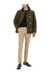 Fay men’s hooks jacket green olive green woolen jacket with dark brown fur-lined collar and silver toggle closures