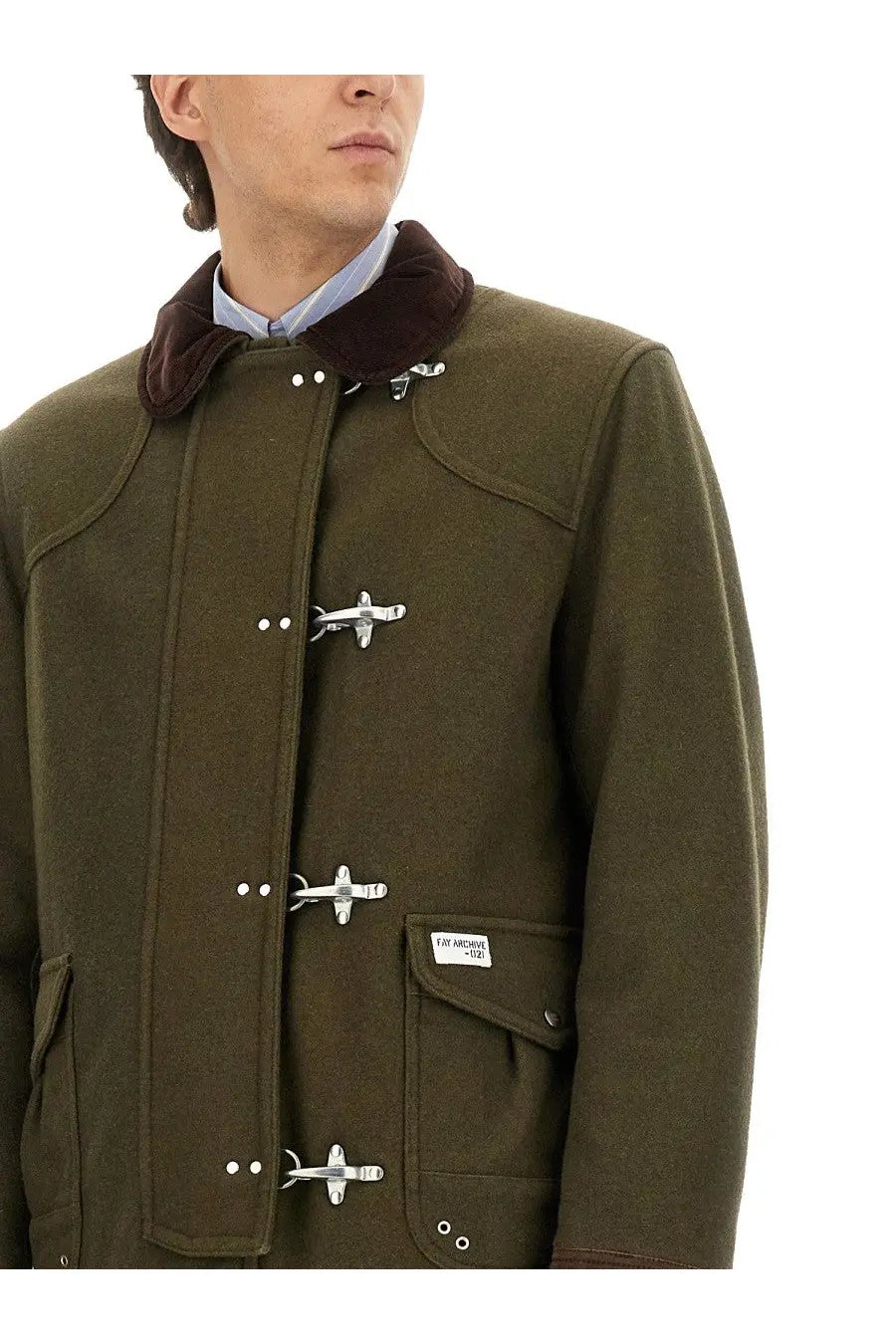 Fay men’s hooks jacket green olive woolen duffle coat with plush brown collar and silver airplane toggle closures