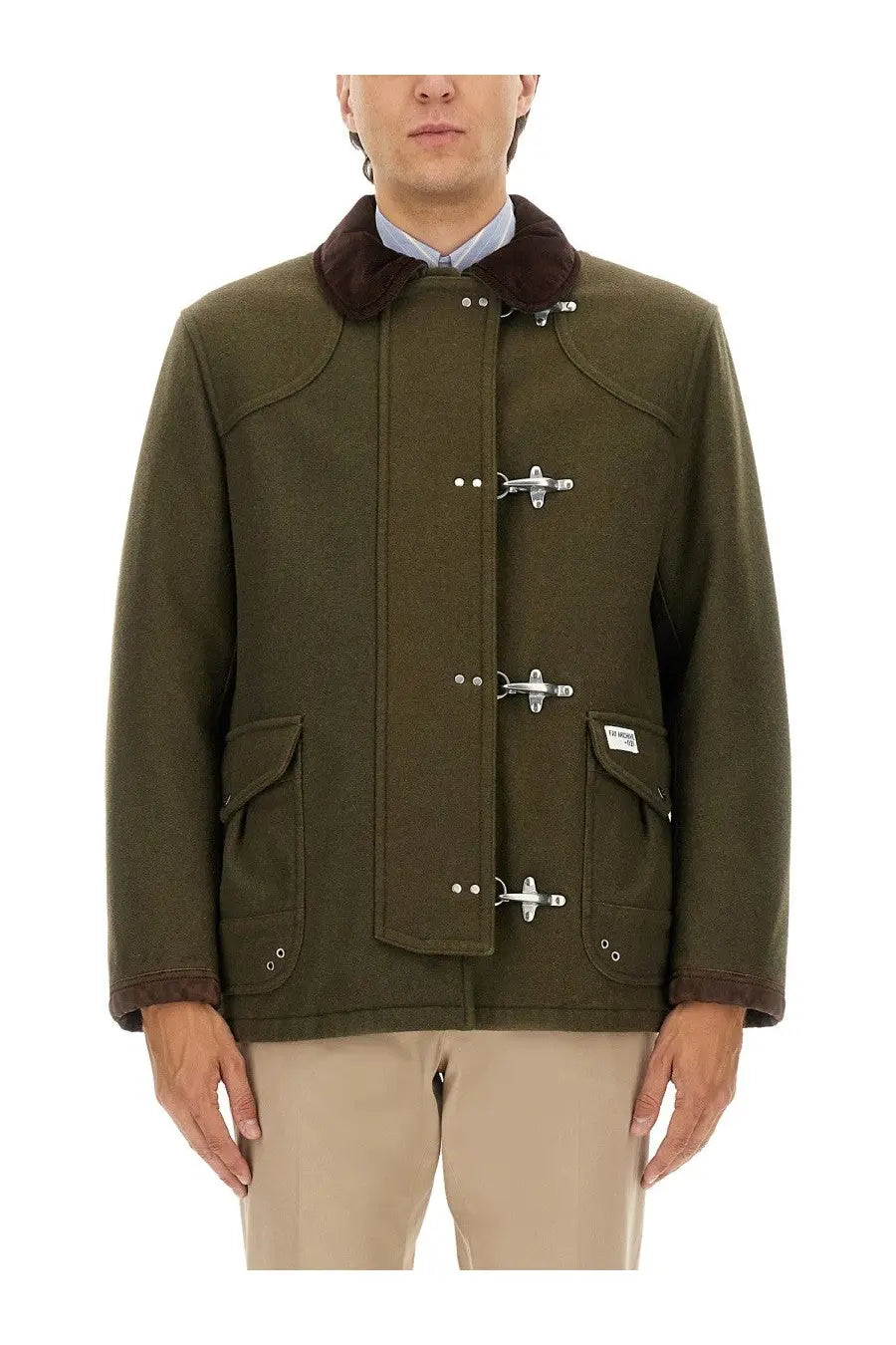 Fay men’s hooks jacket green olive woolen duffle coat with brown fur-lined collar and silver toggle closures