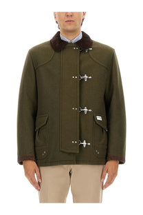 Fay men’s hooks jacket green olive woolen duffle coat with brown fur-lined collar and silver toggle closures
