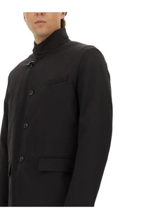 Black fay men’s jacket featuring a high collar, subtle button closures, and structured lapels for a sleek look