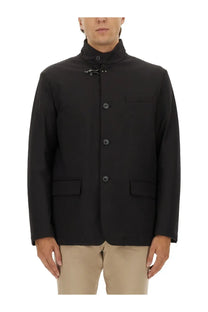 Fay men’s black blazer with stand-up collar and front button closure featuring subtle stitching details