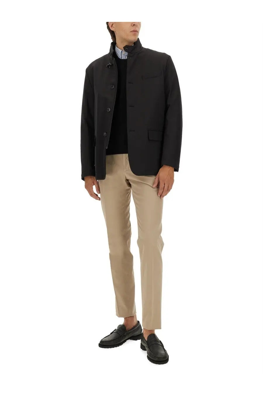 Fay men’s black wool-blend blazer with stand-up collar and front button closure for formal wear