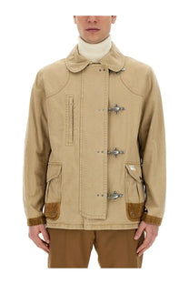 Fay men’s beige cotton duffle coat with brown suede trim and silver toggle closures
