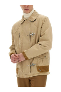 Fay men’s beige cotton twill jacket with brown suede trim and silver airplane toggle closures