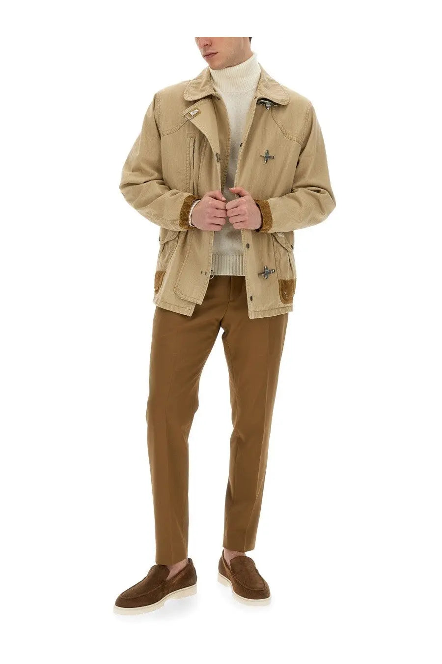 Fay men’s beige utility jacket with brown leather trim and toggle closures for casual outdoor wear