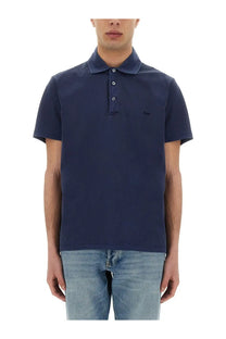 Navy blue short-sleeved jersey polo shirt for men with subtle chest embroidery by Fay