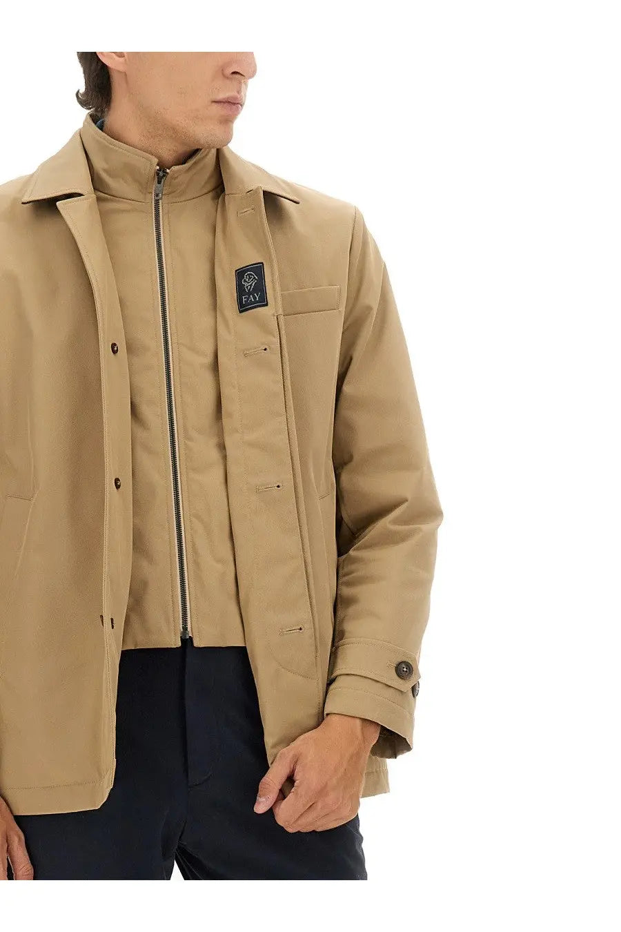 Fay men’s morning double front jacket beige with tan faux leather stand-up collar zipper and buttoned cuffs