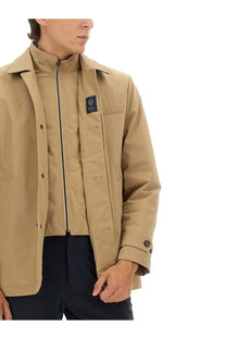 Fay men’s morning double front jacket beige with tan faux leather stand-up collar zipper and buttoned cuffs