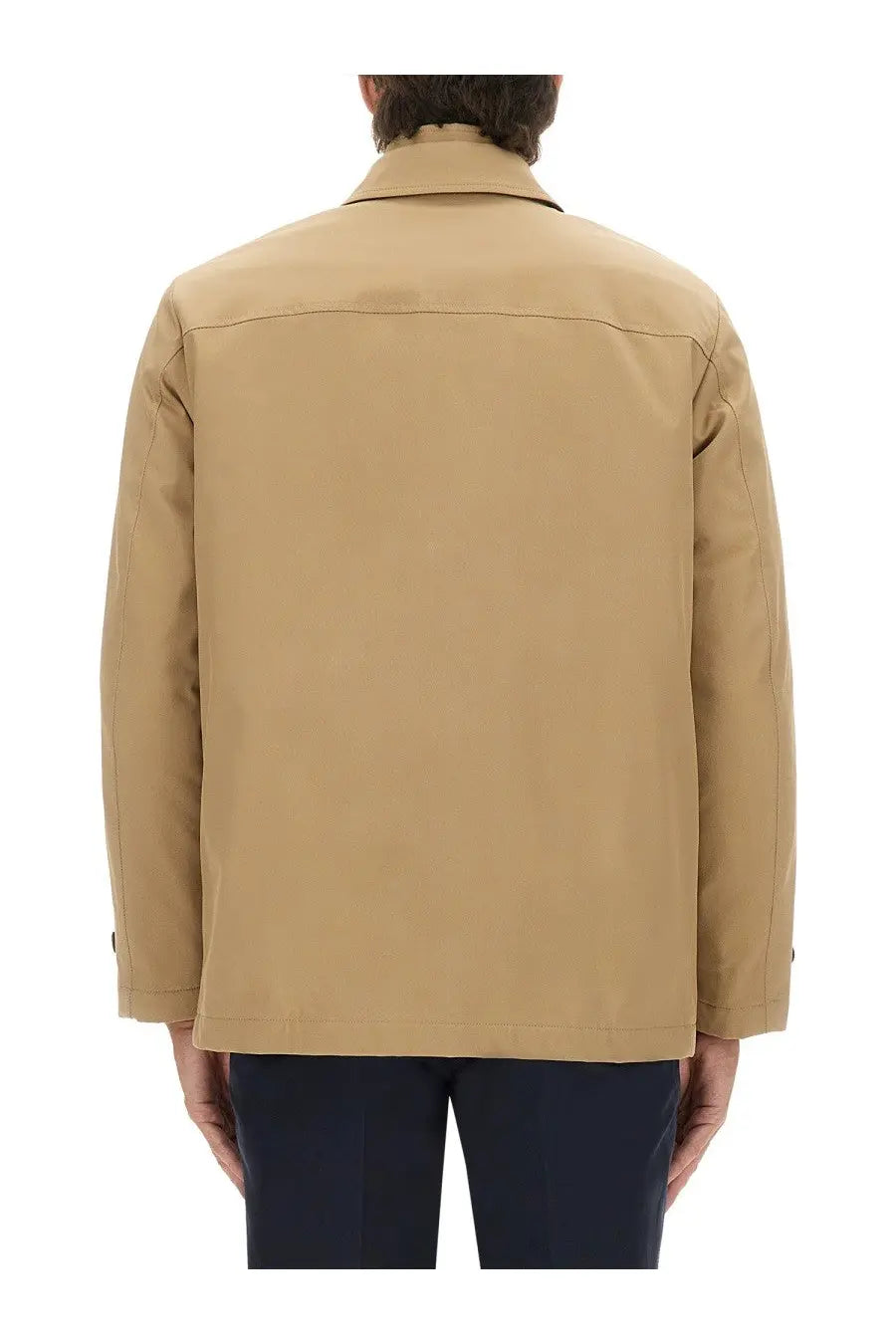 Tan trench coat with structured collar and minimalist design from fay men’s morning double front jacket beige collection