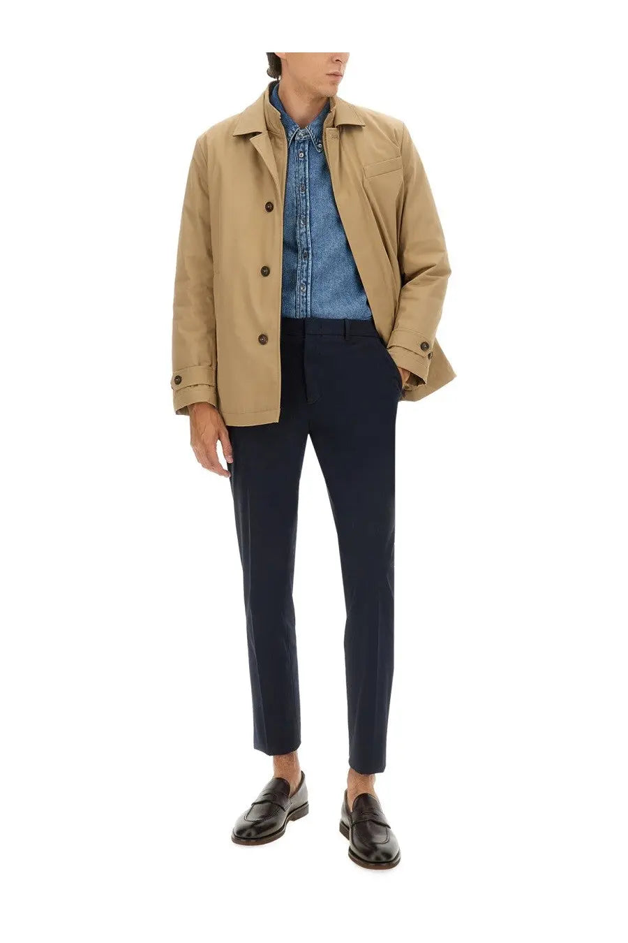 Fay men’s morning double front jacket beige tan trench coat with dark brown buttons worn over blue denim shirt