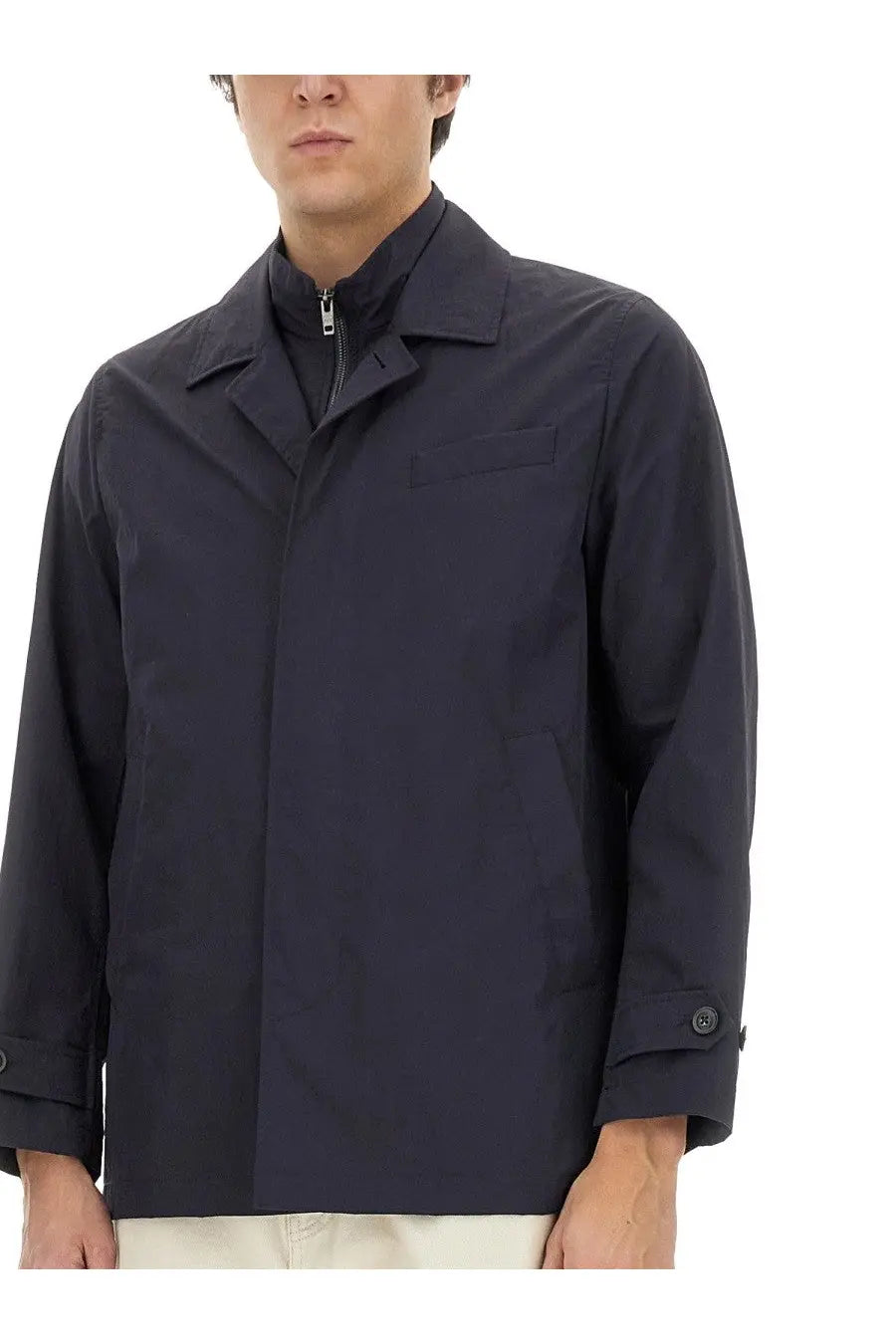 Fay men’s morning jacket blue dark navy trench coat with structured collar zipper closure and buttoned cuffs