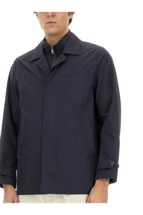 Fay men’s morning jacket blue dark navy trench coat with structured collar zipper closure and buttoned cuffs