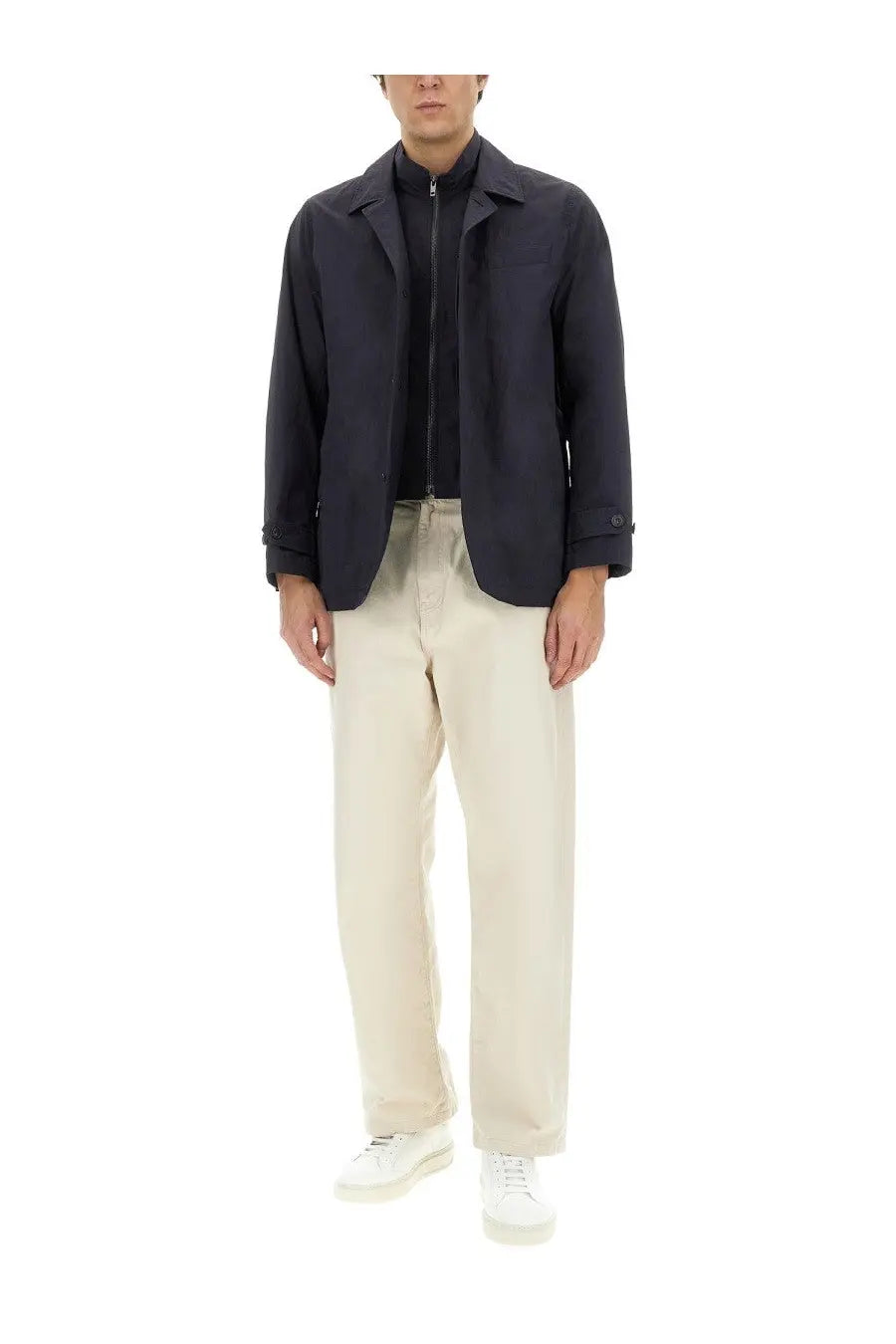 Fay men’s morning jacket in navy blue zip up with structured collar and buttoned cuffs for casual wear