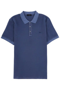 Fay men’s navy blue polo shirt with matching collar and cuffs, three silver buttons, and embroidered chest logo
