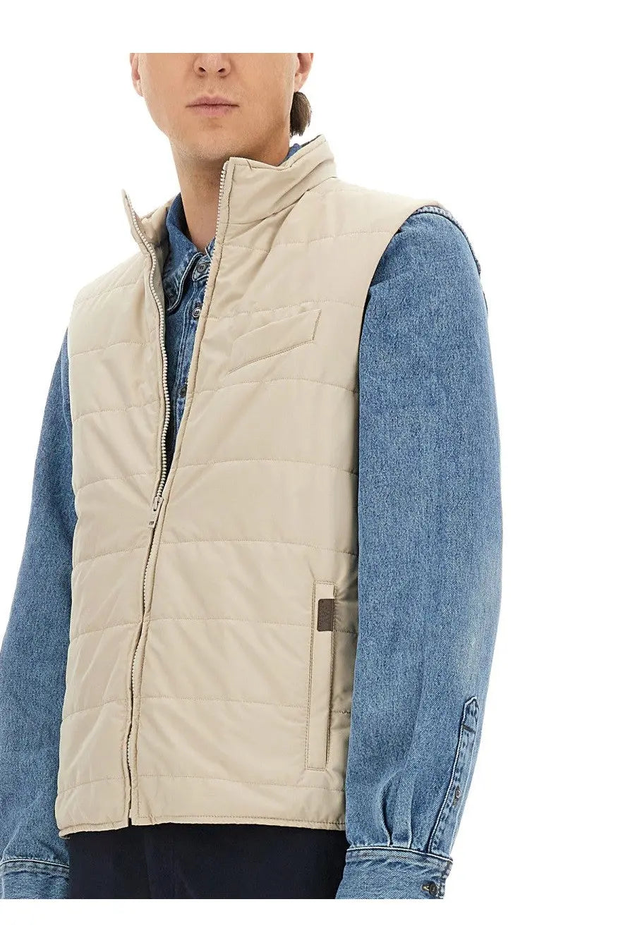 Beige quilted puffer vest by Fay for men with front zipper and side pockets