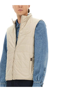 Beige quilted puffer vest by Fay for men with front zipper and side pockets