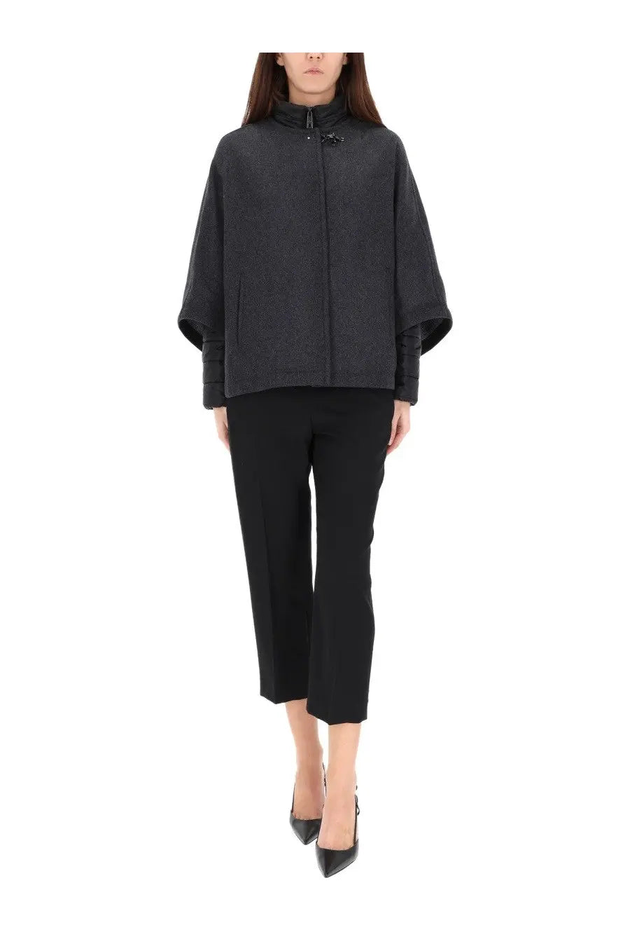 Fay women’s double face cape grey wool blend cape coat with high collar and toggle fastening in black