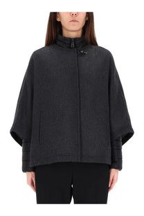 Fay women’s double face cape grey dark gray wool blend cape style jacket with high collar and black toggle closures