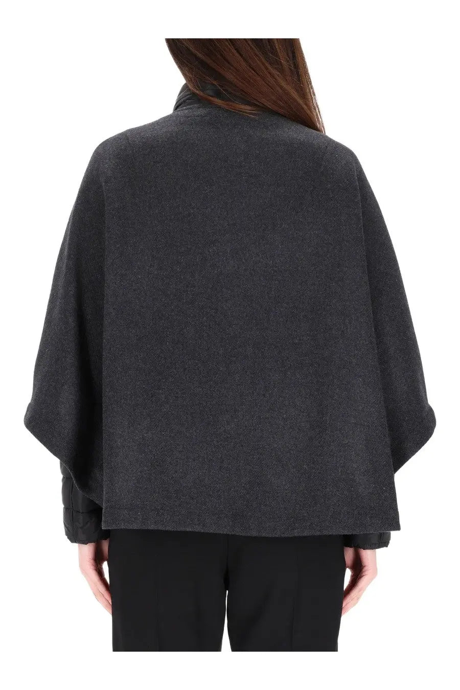 Fay women’s double face cape grey in dark gray wool with a soft textured weave and wide flowing sleeves visible from back