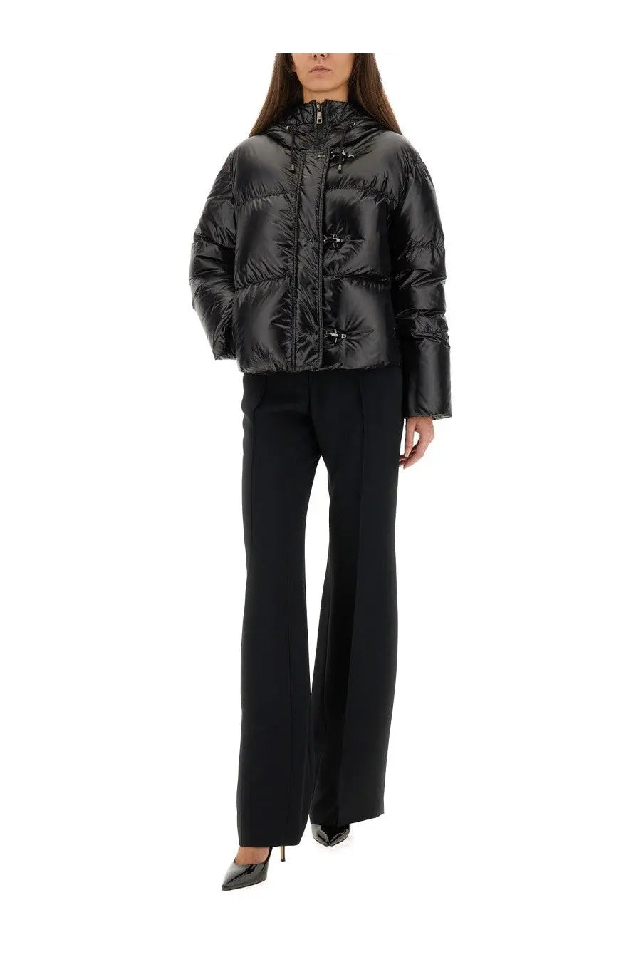 Black glossy fay women’s down jacket with hood and distinctive toggle closures made from puffer material