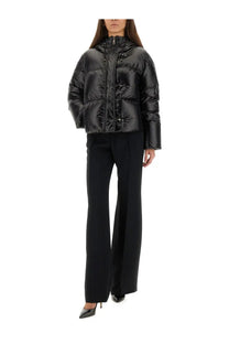 Black glossy fay women’s down jacket with hood and distinctive toggle closures made from puffer material