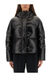 Fay women’s black down jacket with shiny quilted texture and distinctive silver-toned toggle closures