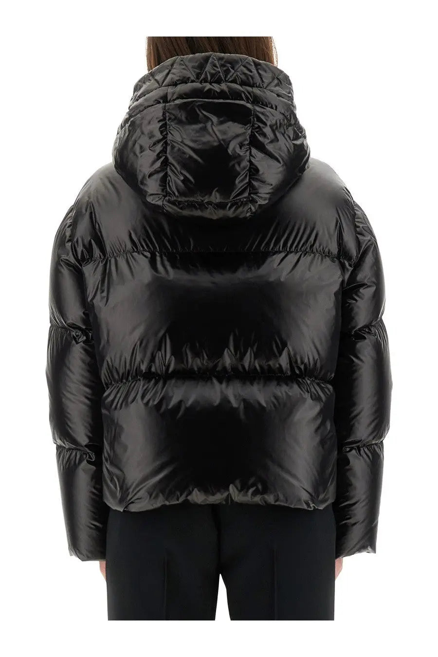 Fay women’s down jacket black with glossy finish quilted puffer design and hood visible from the back side