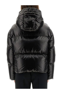 Fay women’s down jacket black with glossy finish quilted puffer design and hood visible from the back side