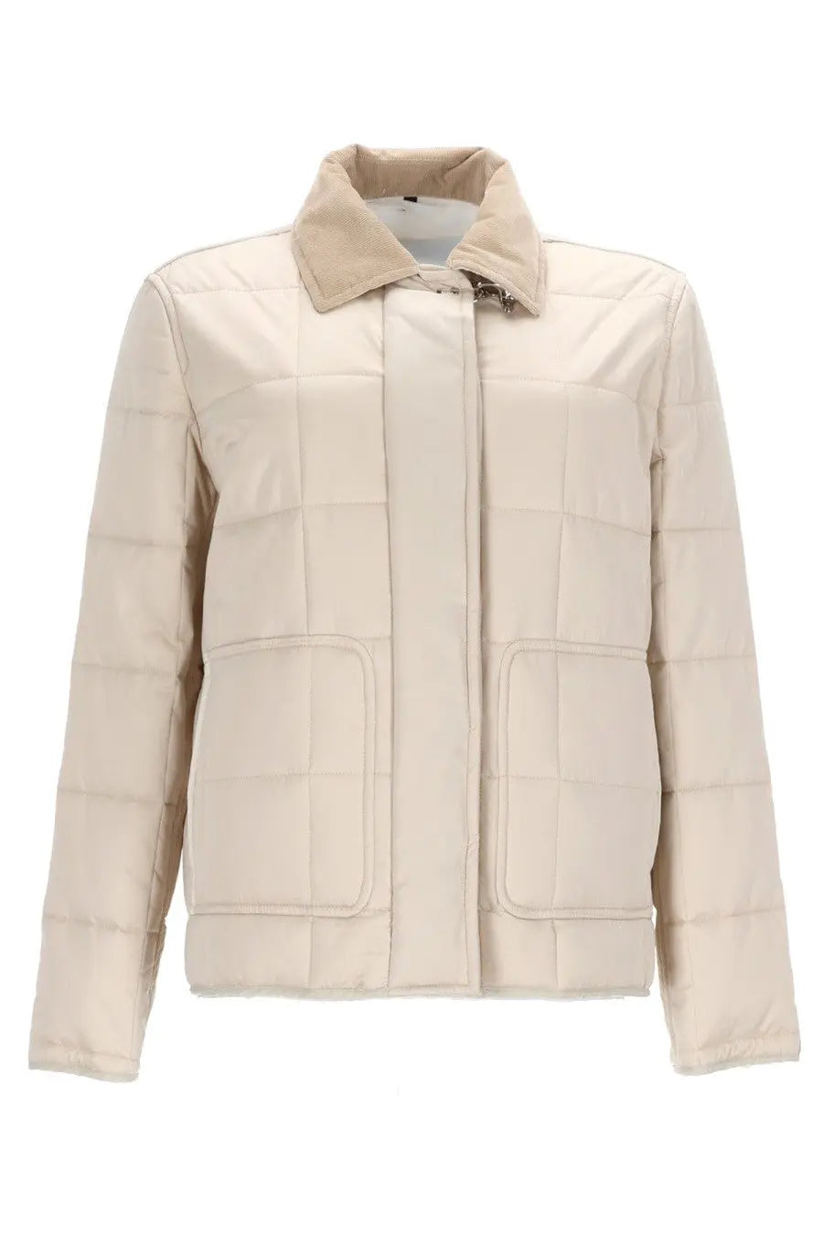 Beige quilted puffer jacket with tan collar and front pockets by fay for women in a field jacket style
