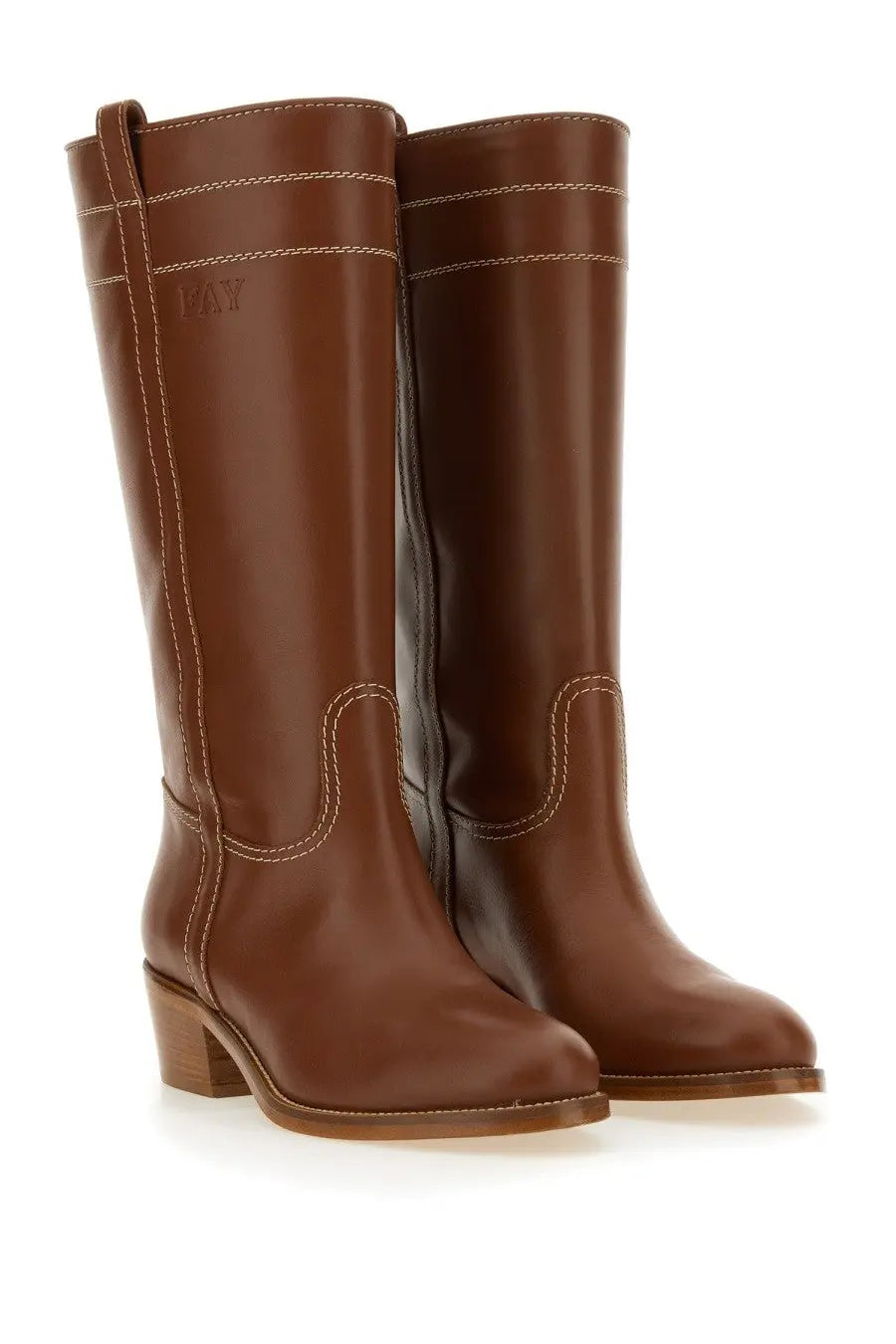 Fay women’s brown leather knee-high boots with contrasting light stitching and a low block heel