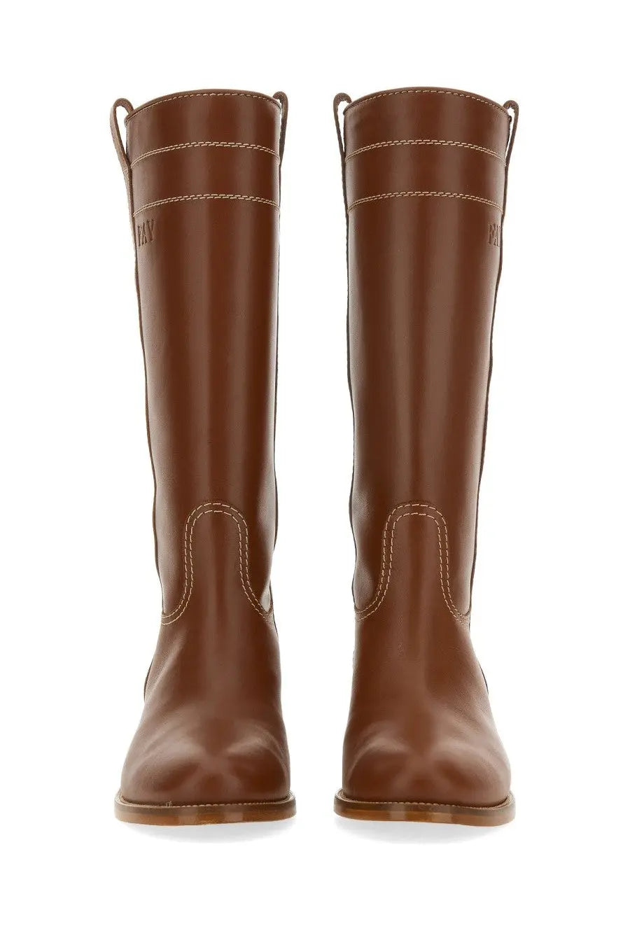 Fay women’s leather brown knee-high boots with light stitching and pull tabs shown from the back side